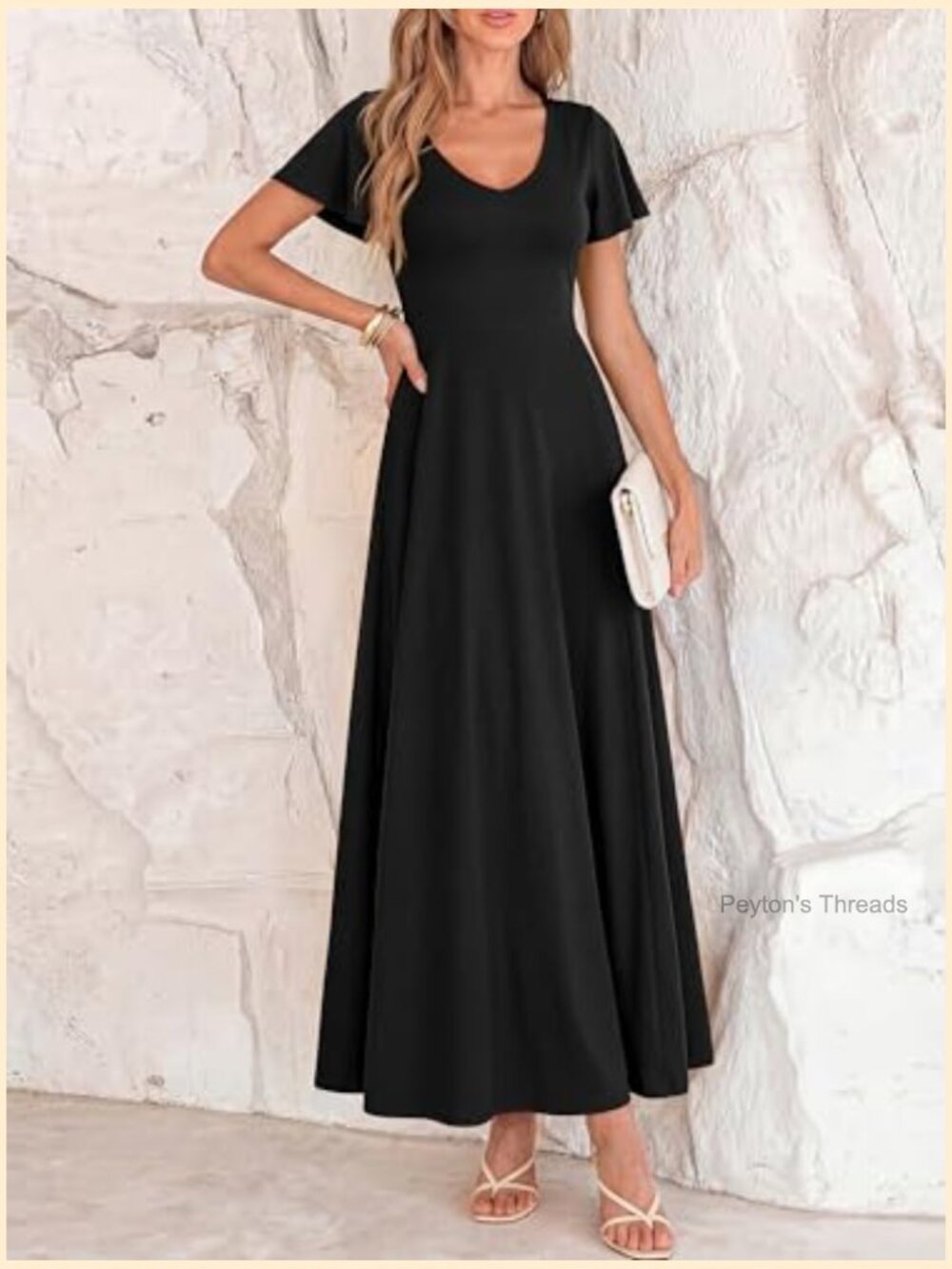 V Neck Ruffle Sleeve A Line Maxi Formal Wedding Guest Dress - Picture 2 of 7